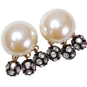 VTG Signed Les Bernard Earrings Faux Pearl Rhinestone Clip On Glamorous Chic